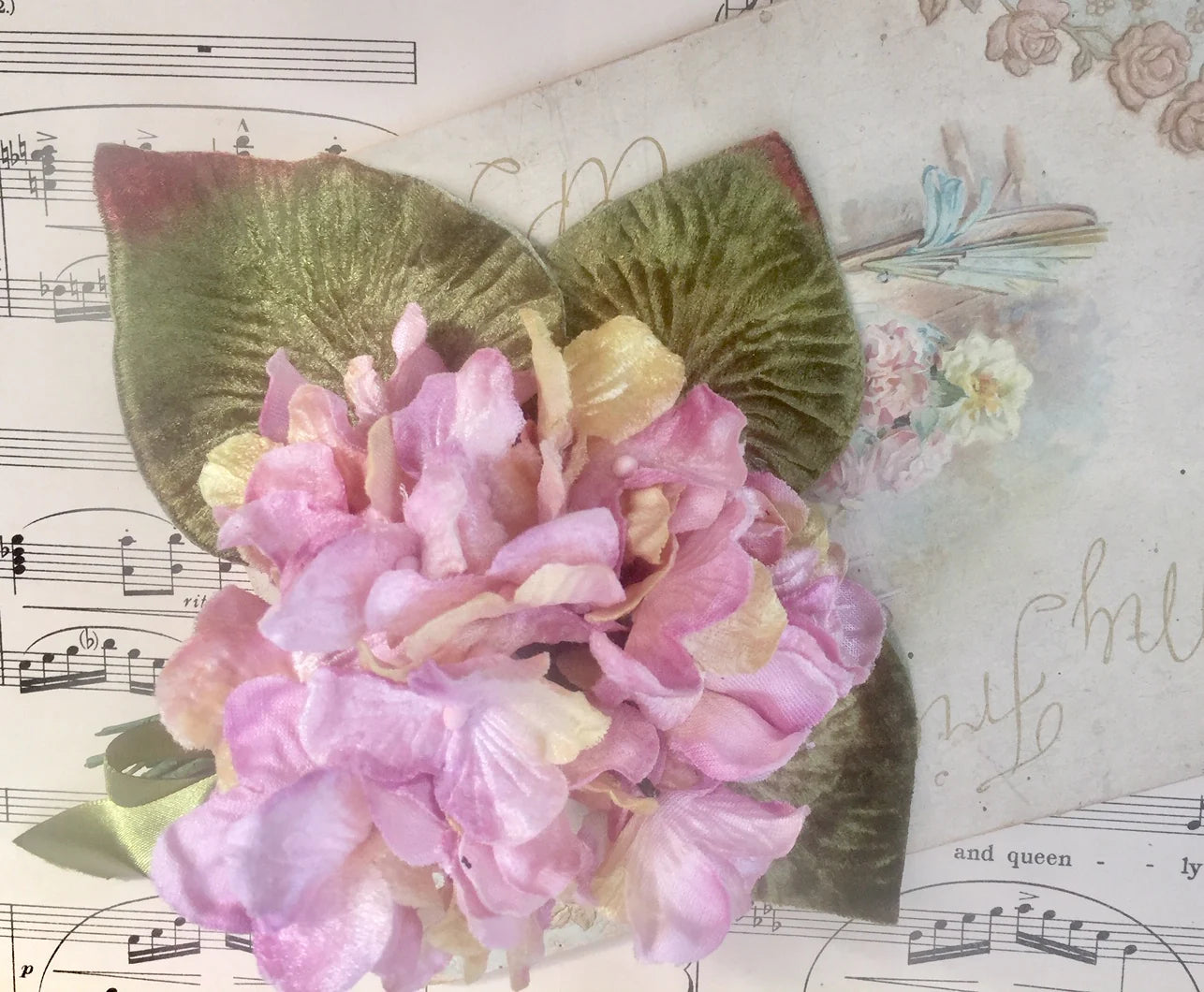 velvet hydrangea posy. velvet flower posy. velvet blossoms. millinery supplies.