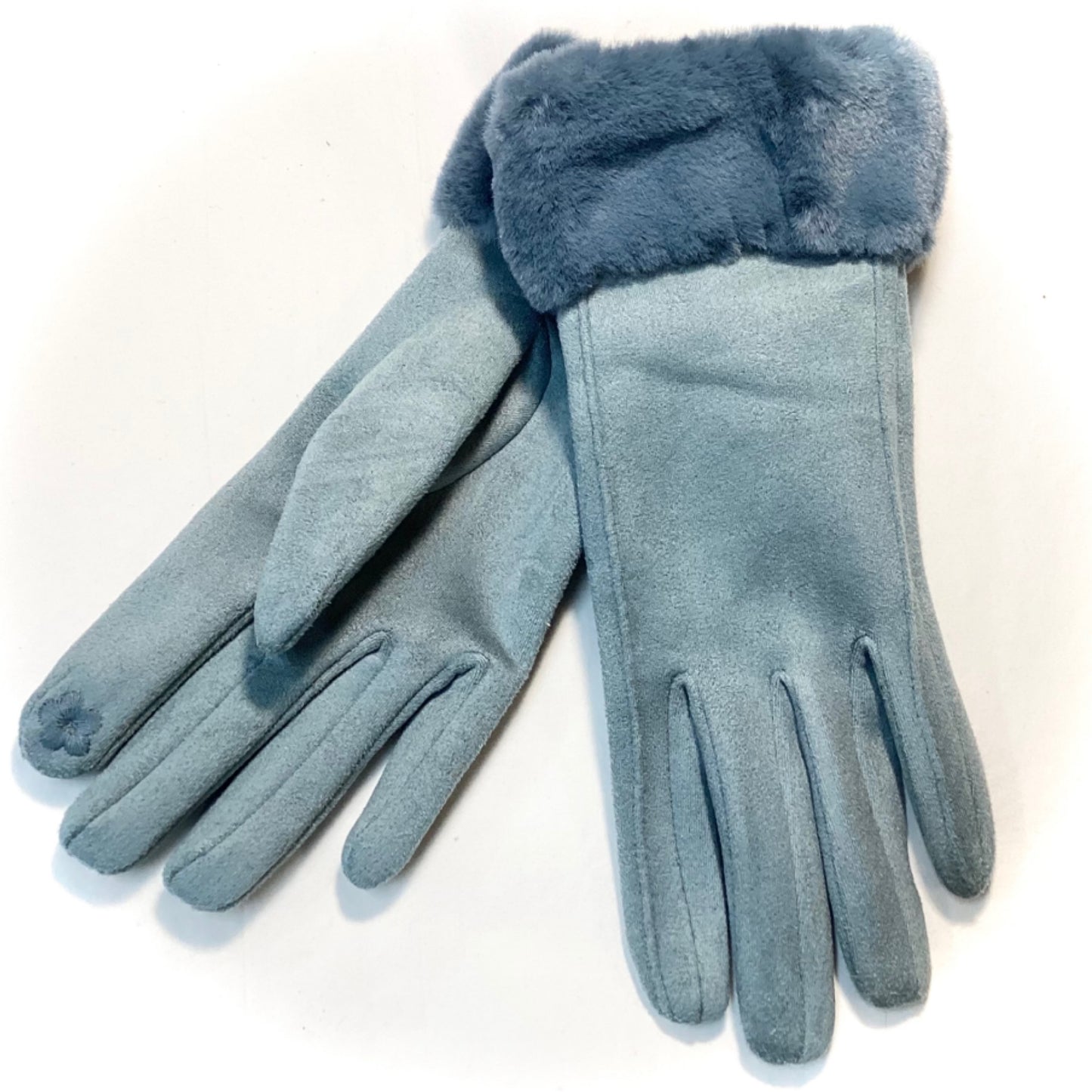 Plain Fur and Suede Gloves - Teal