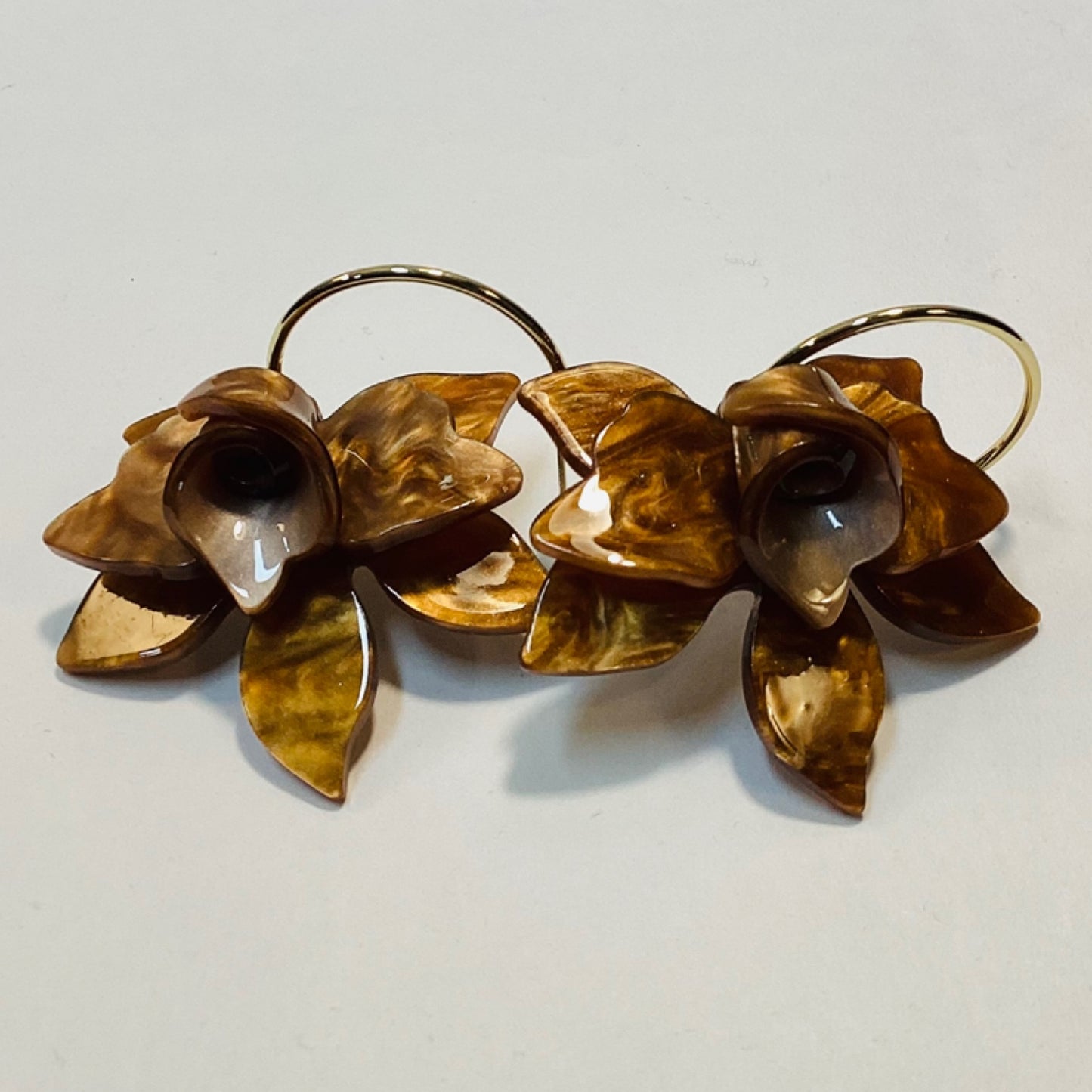 Gold Hoop Earrings with Brown Flower