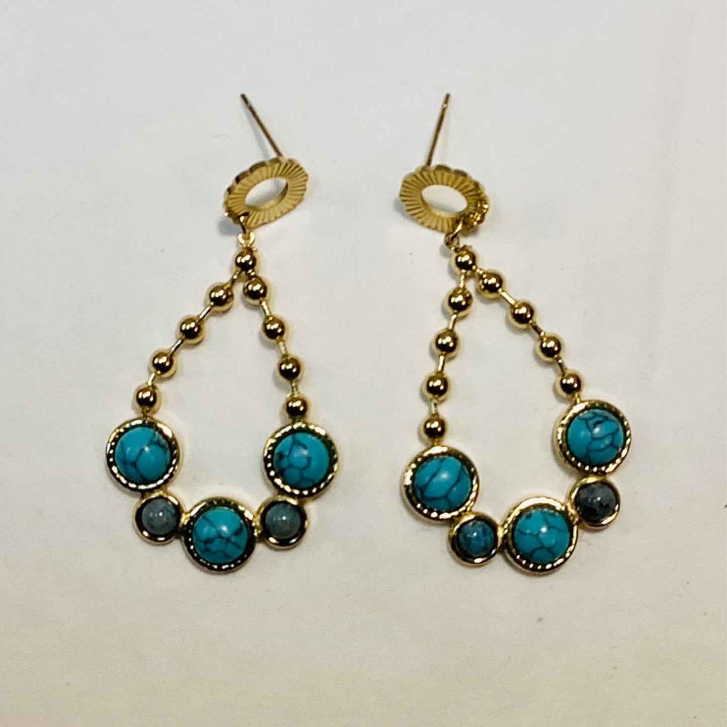 Large Gold Dangle Earrings With Blue Stone