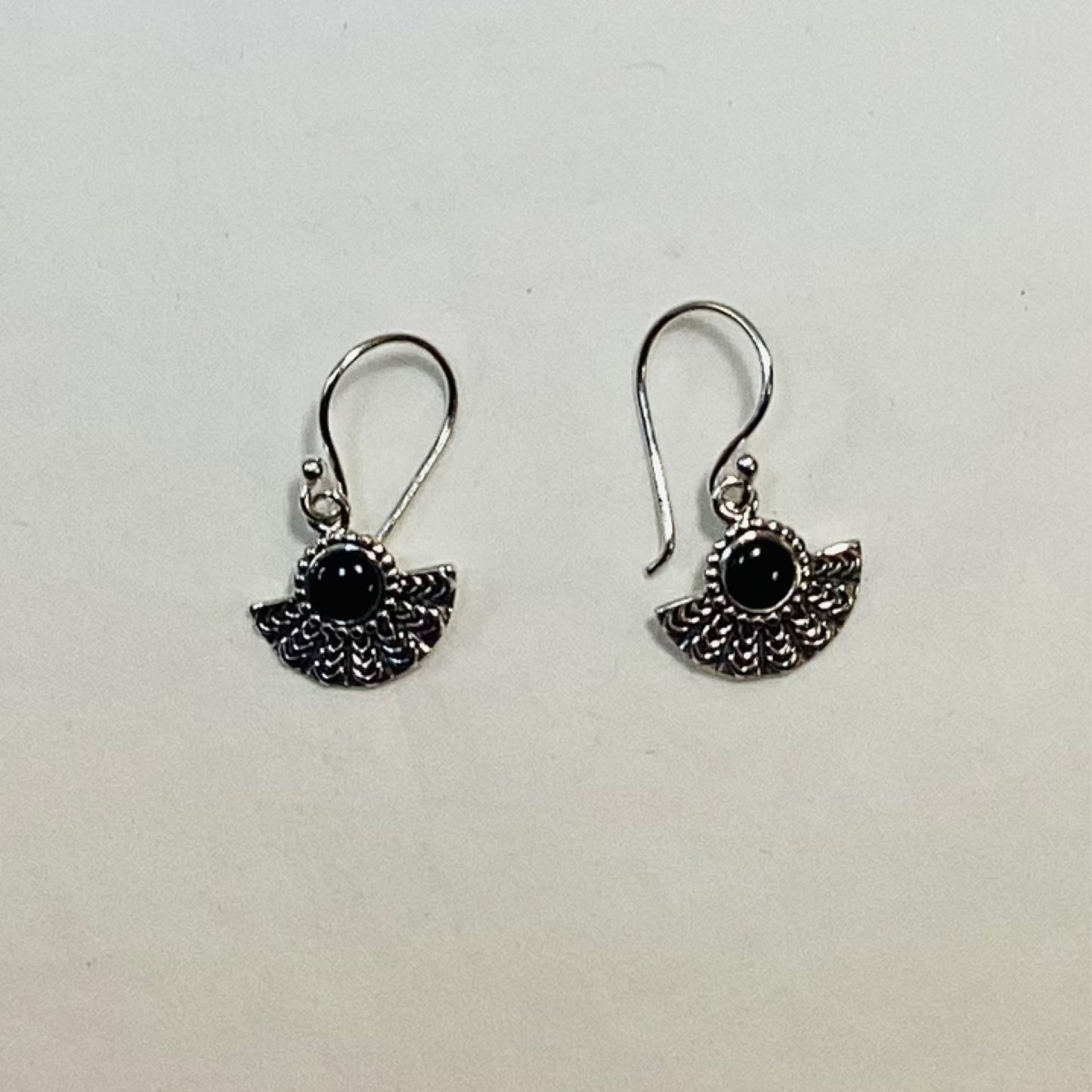 Half Circle Silver Earrings With Black Stone