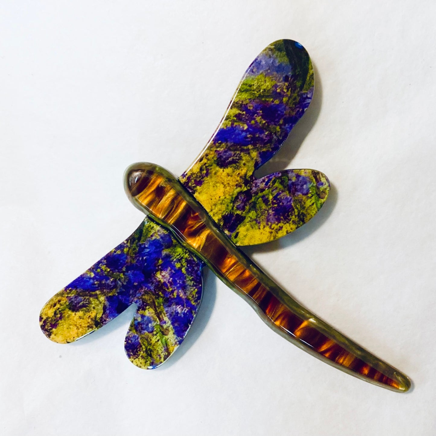 Dragonfly Brooch - Purple and Yellow Artwork