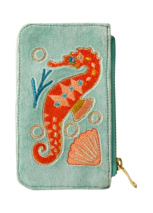 Sparkling Seahorse Velvet Card Holder - Aqua