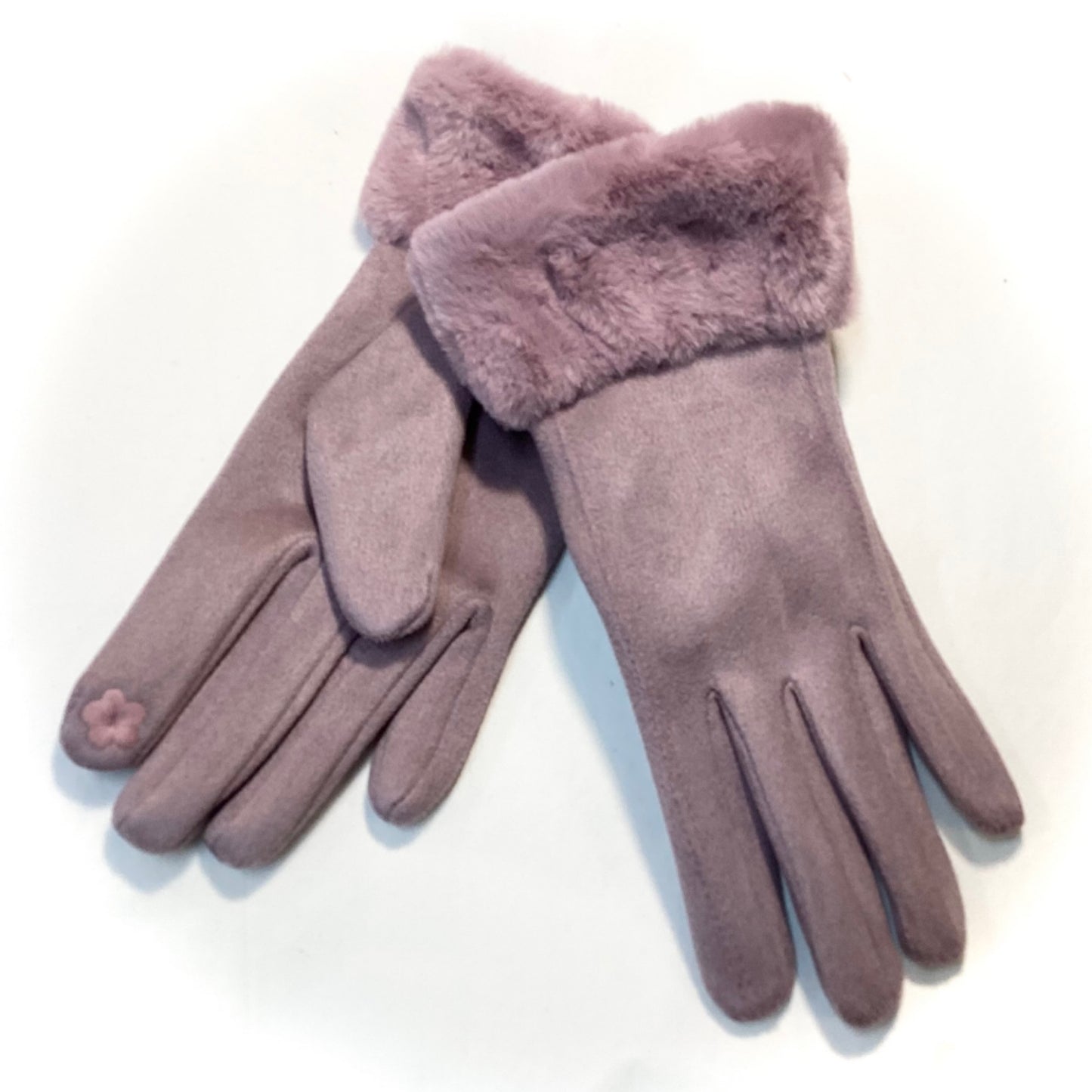 Plain Fur and Suede Gloves - Purple