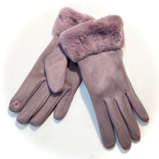Plain Fur and Suede Gloves - Purple
