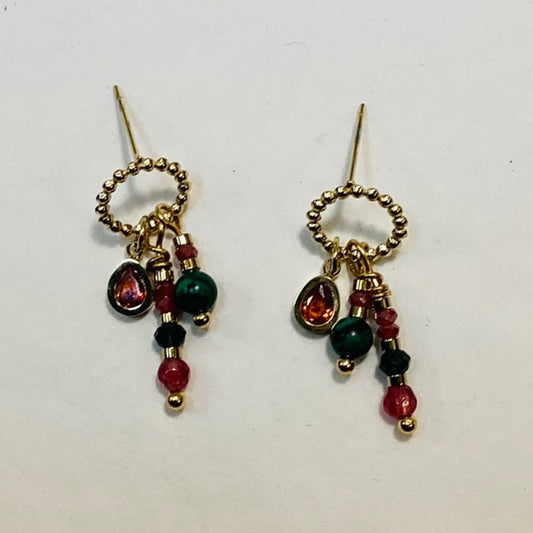 Gold, Green And Red Dangle Beaded Earrings