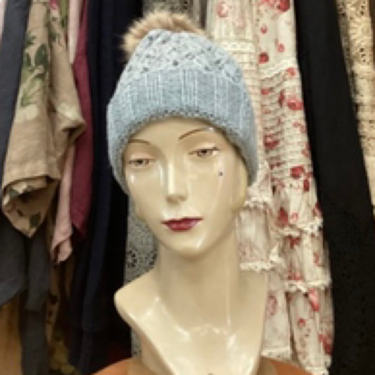 Grey Knitted Beanie With Fur Pom Pom