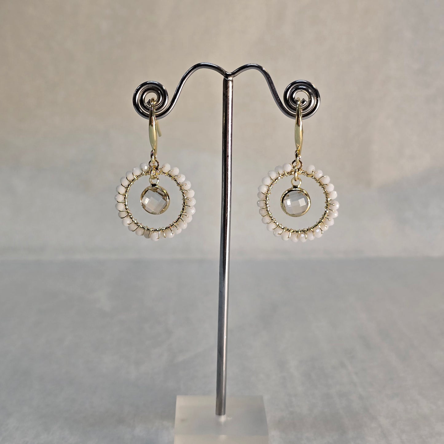 Golden and White Beads Circle Earrings