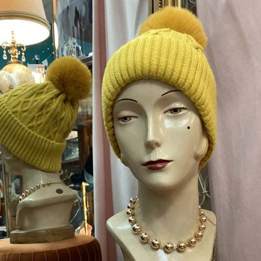 Pompom Knitted Beanie - Mustard