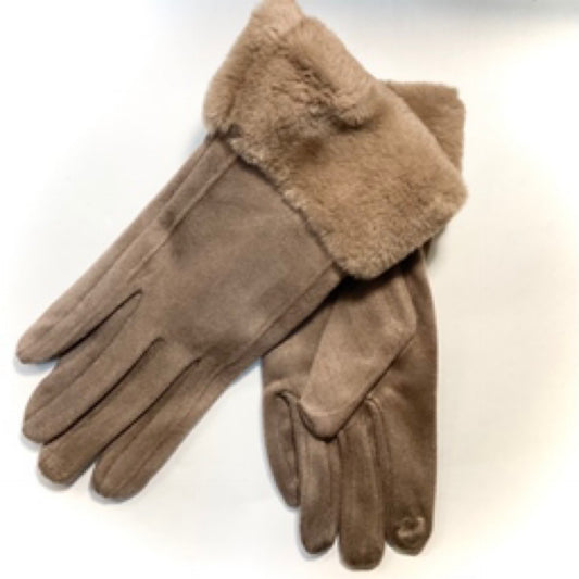 Plain fur and suede gloves - Camel