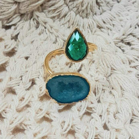 Green Adventurine and Geode Gold Ring