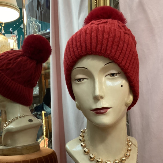 Pompom Knitted Beanie - Burgundy