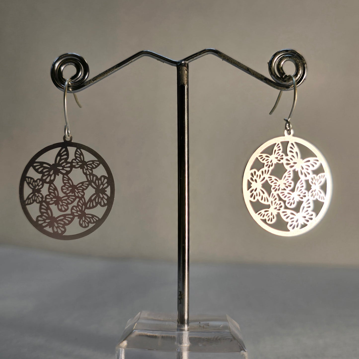 TT Round Silver Earrings with Butterflies