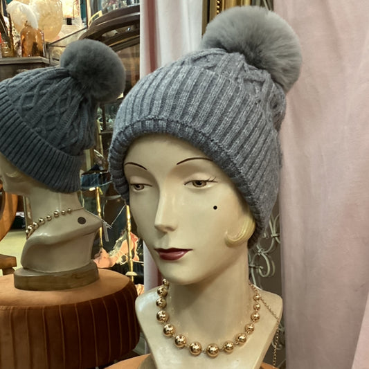 Pompom Knitted Beanie - Grey