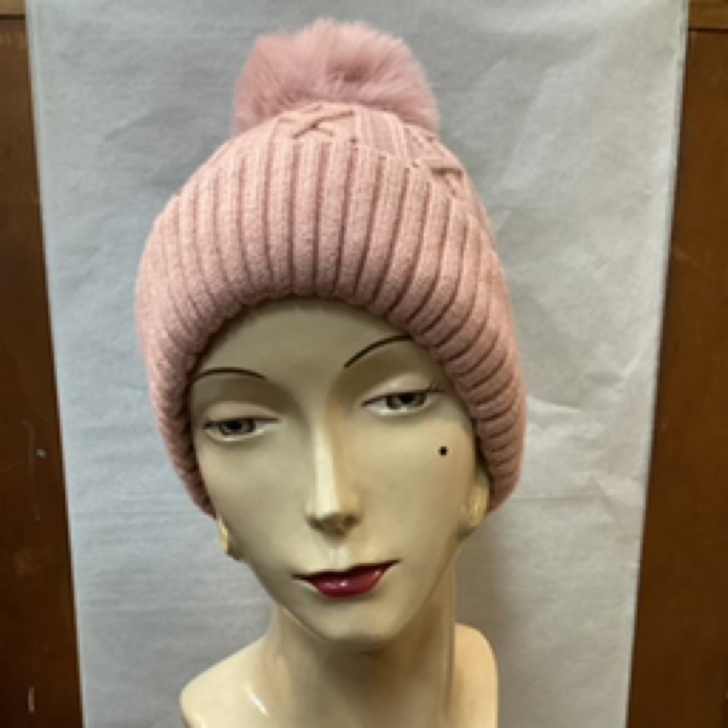 Pompom Knitted Beanie - Pale Pink