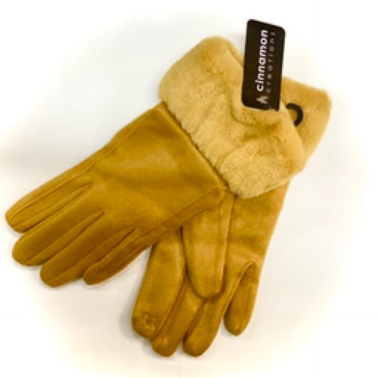 Plain fur and suede gloves - Mustard