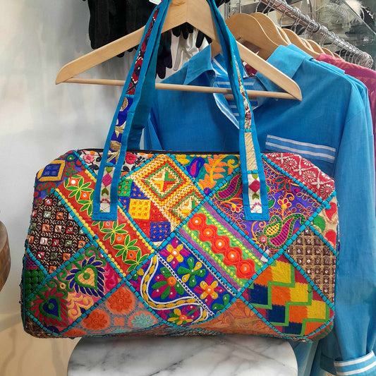 Cotton Patchwork Duffle Bag with Embroidery