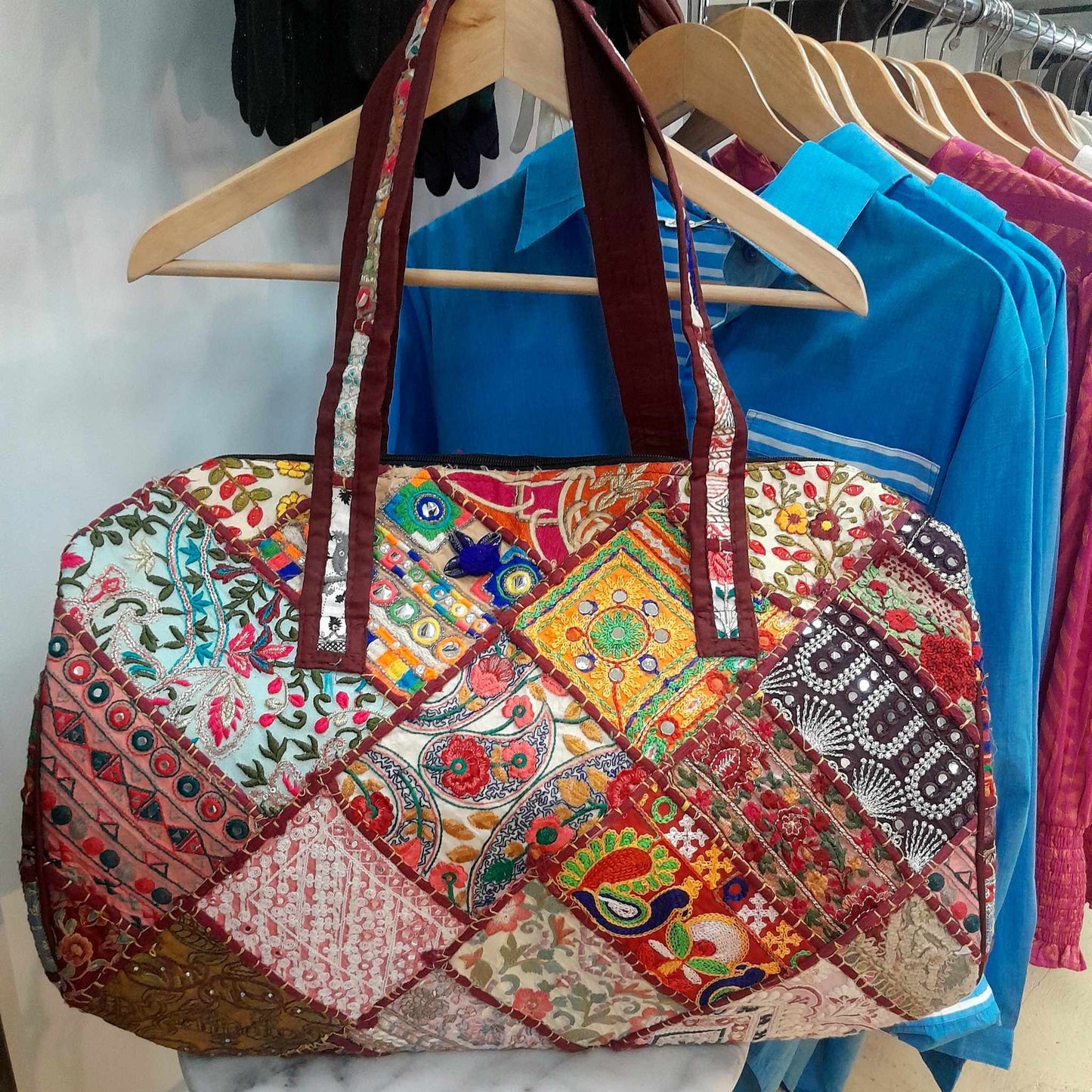 Cotton Patchwork Duffle Bag with Embroidery