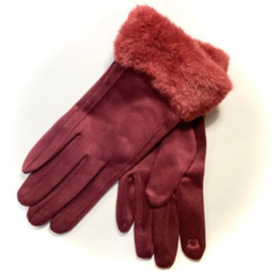 Plain fur and suede gloves - Wine