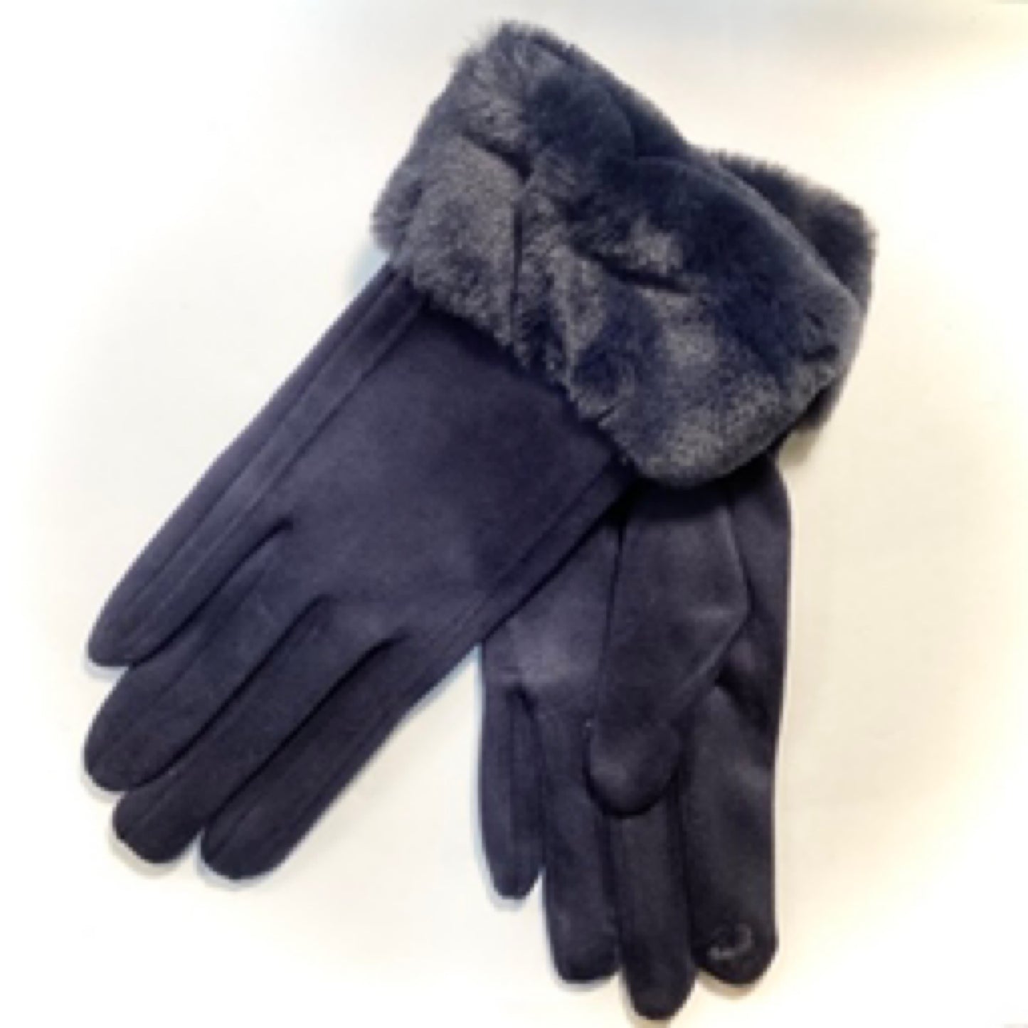 Plain fur and suede gloves - Navy