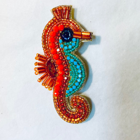 Beaded Seahorse Orange Brooch