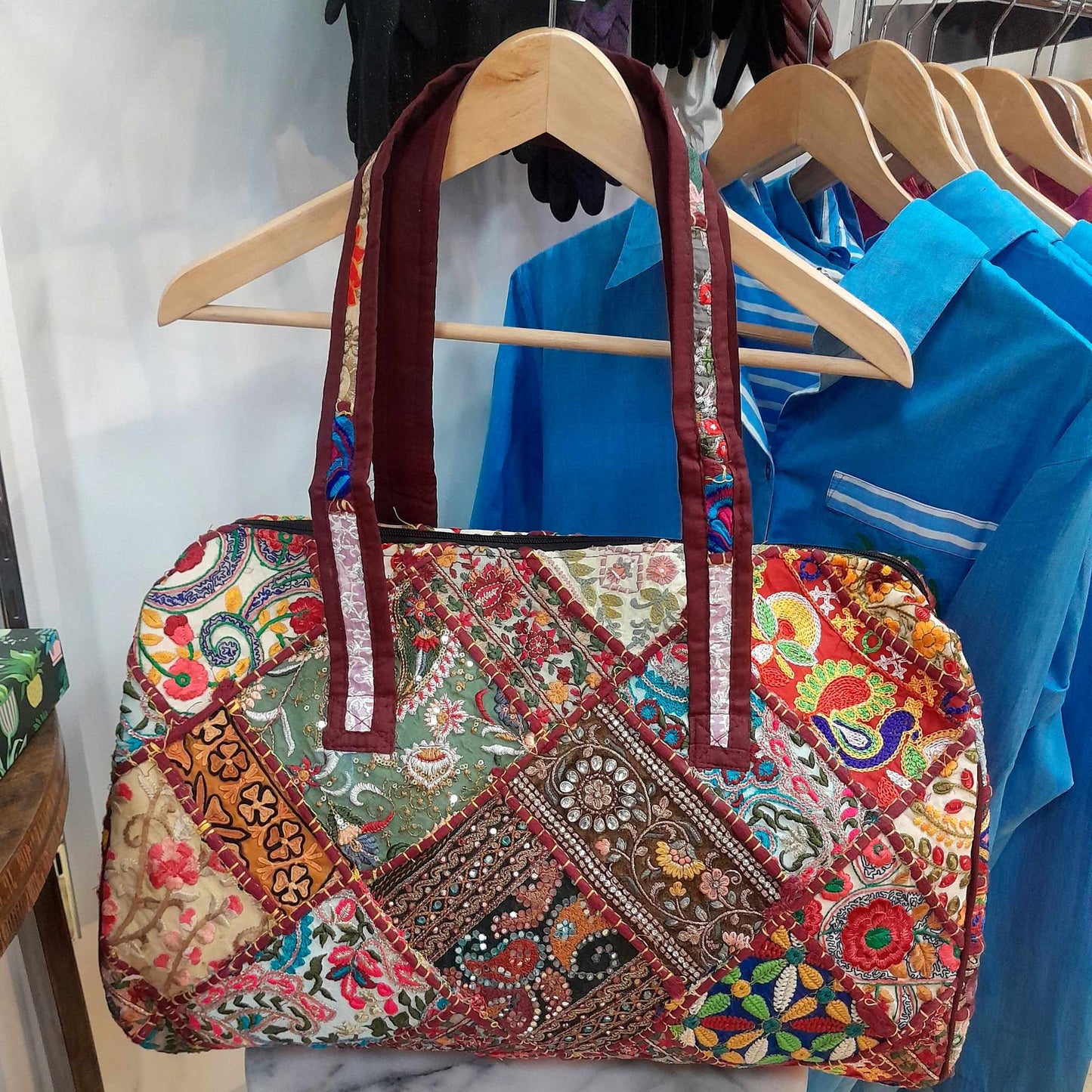 Cotton Patchwork Duffle Bag with Embroidery