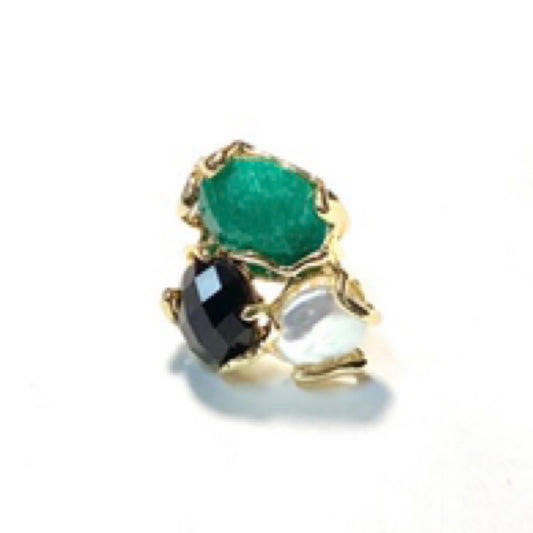 3 Stone Gold Ring, Pearl, Black and Green