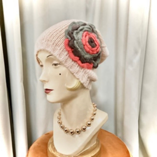 Embroidered Flower Beanie - Pink