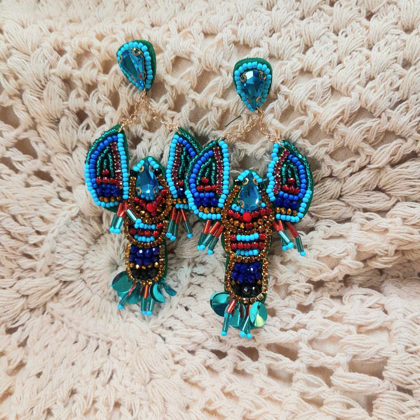 Blue Lobster Bead Earrings