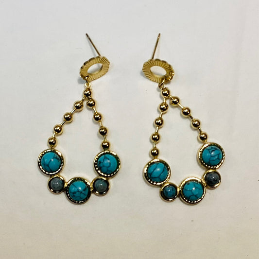 Large Gold Dangle Earrings With Blue Stone