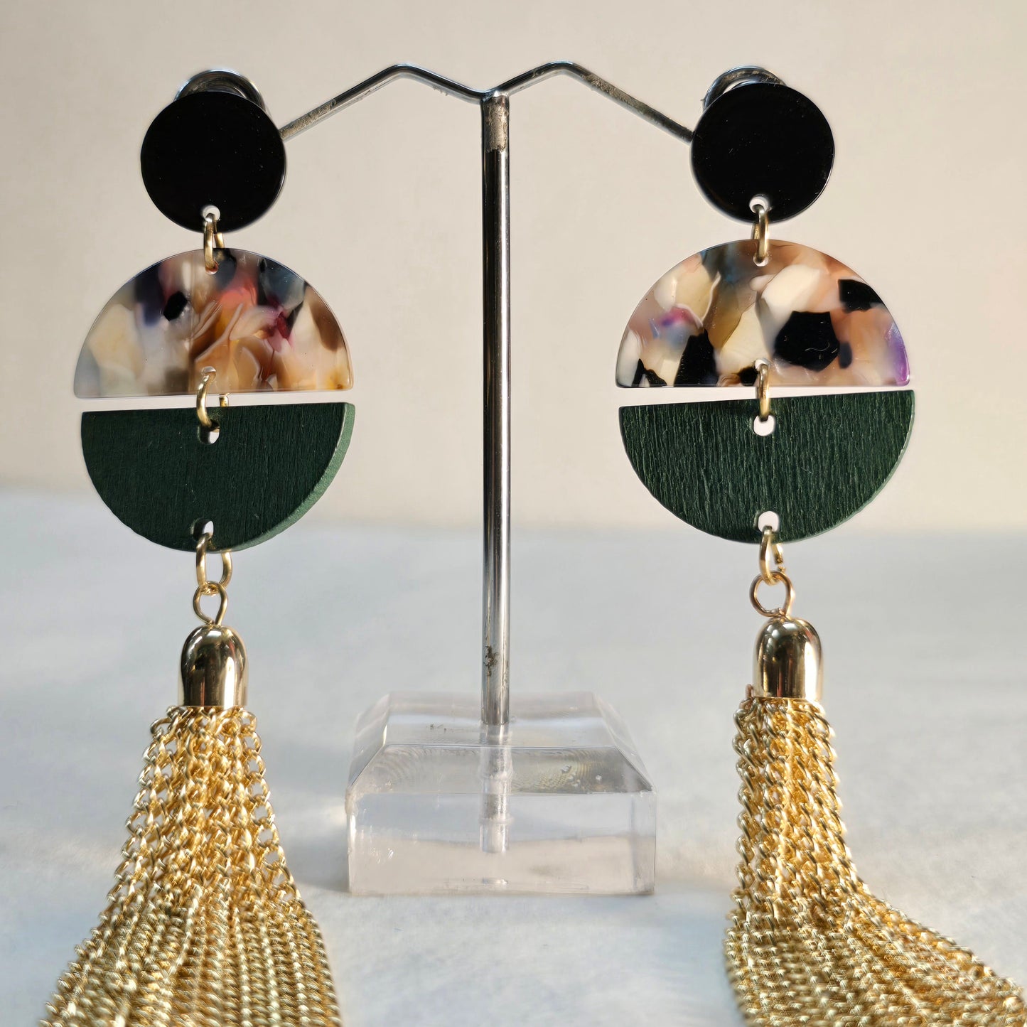 SA Long Earrings in Dark Green, Gold and Black