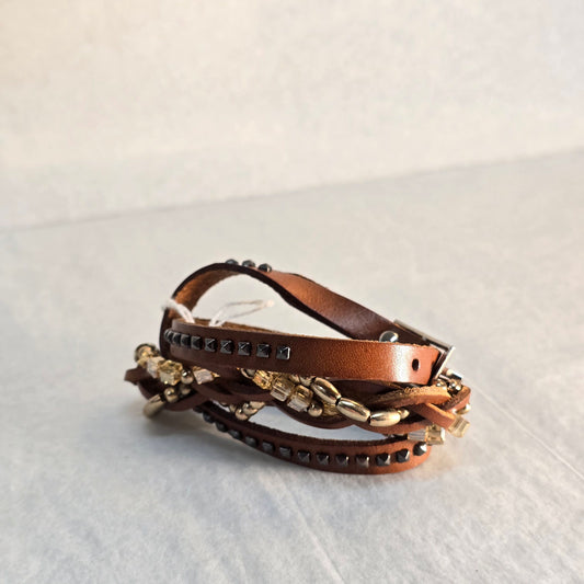 Leather Bracelet with Beads - Tan