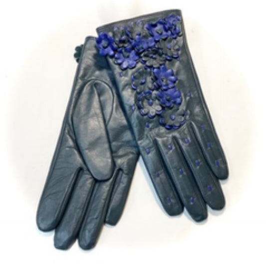 Vintage Blue Floral Leather Gloves