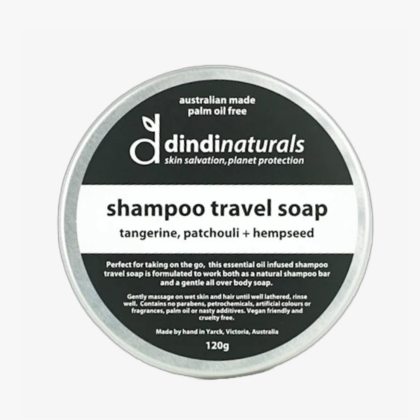 Dindi Shampoo Travel Soap - Tangerine, Patchouli and Hempseed Tinned 120g