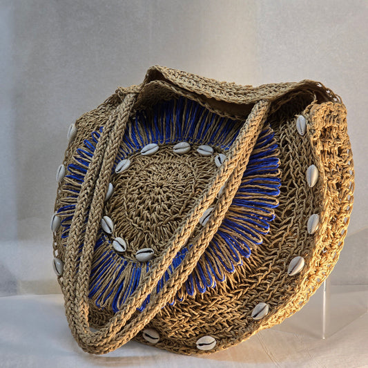 Blue Rattan Bag with Shells