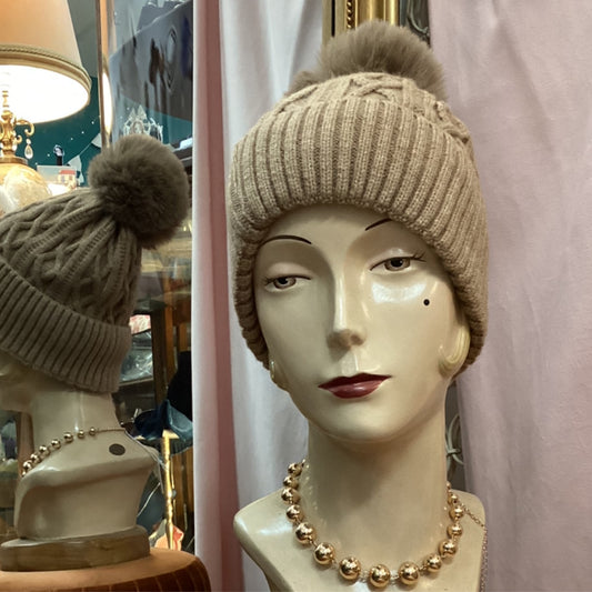 Pompom Knitted Beanie - Brown