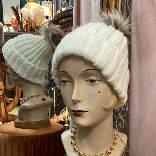 White Knitted Beanie and Pom Tail