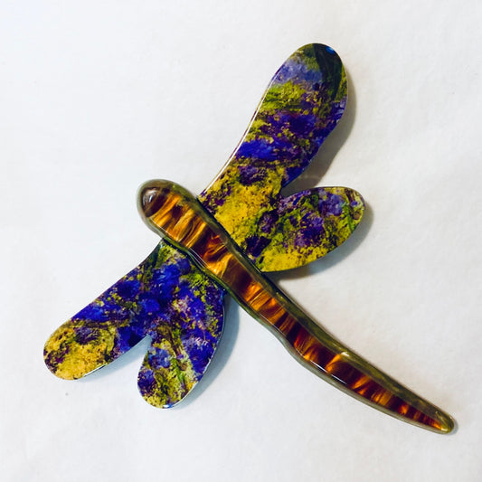 Dragonfly Brooch - Purple and Yellow Artwork