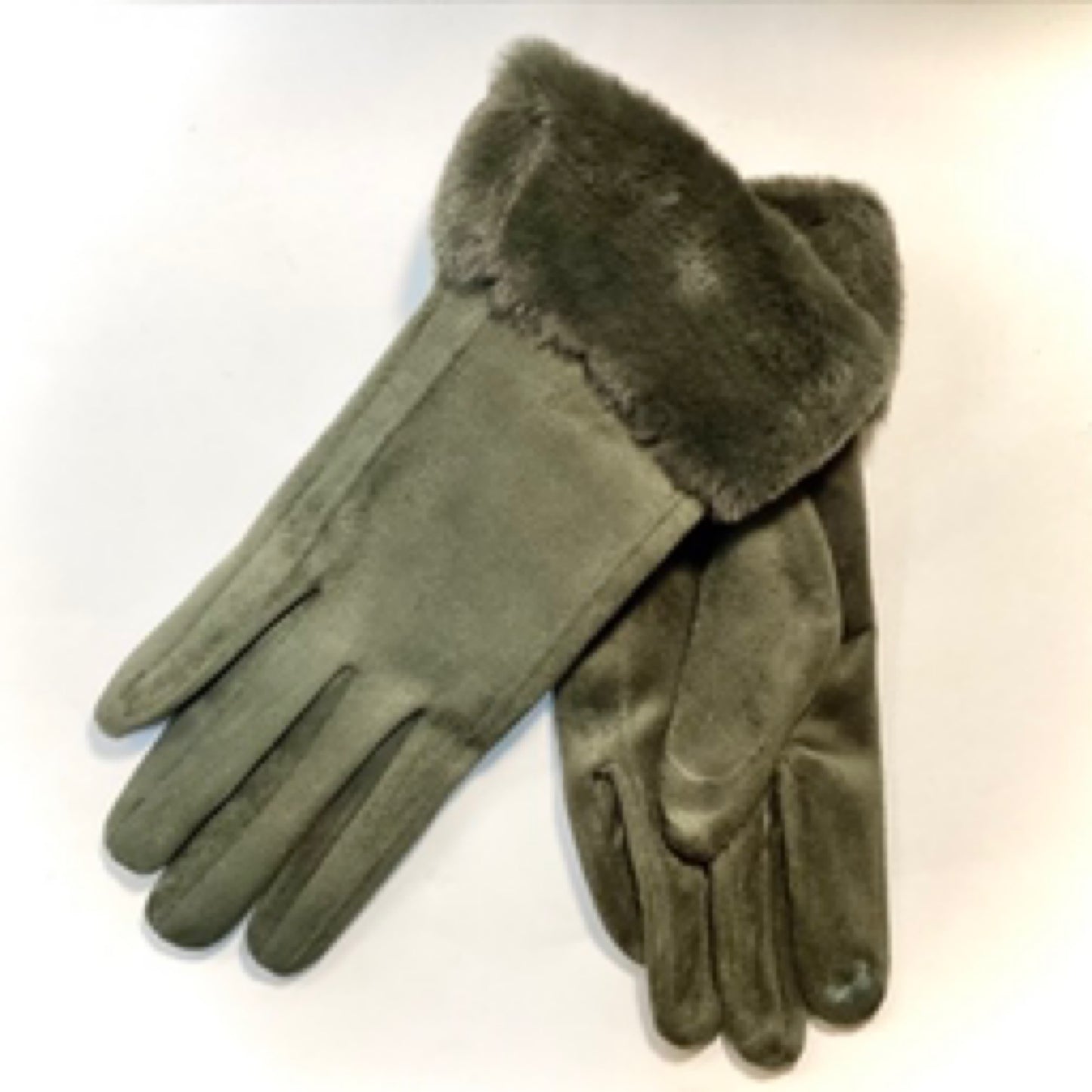 Plain Fur and Suede Gloves - Green