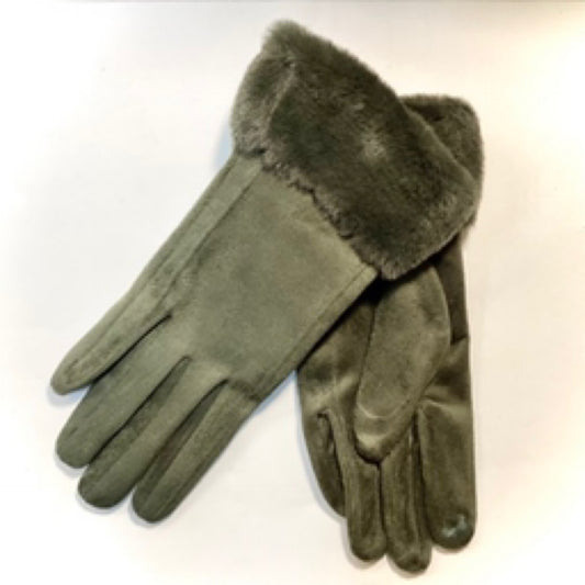 Plain Fur and Suede Gloves - Green