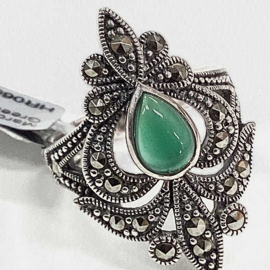 Marcasite and Green Agate Sterling Silver Ring