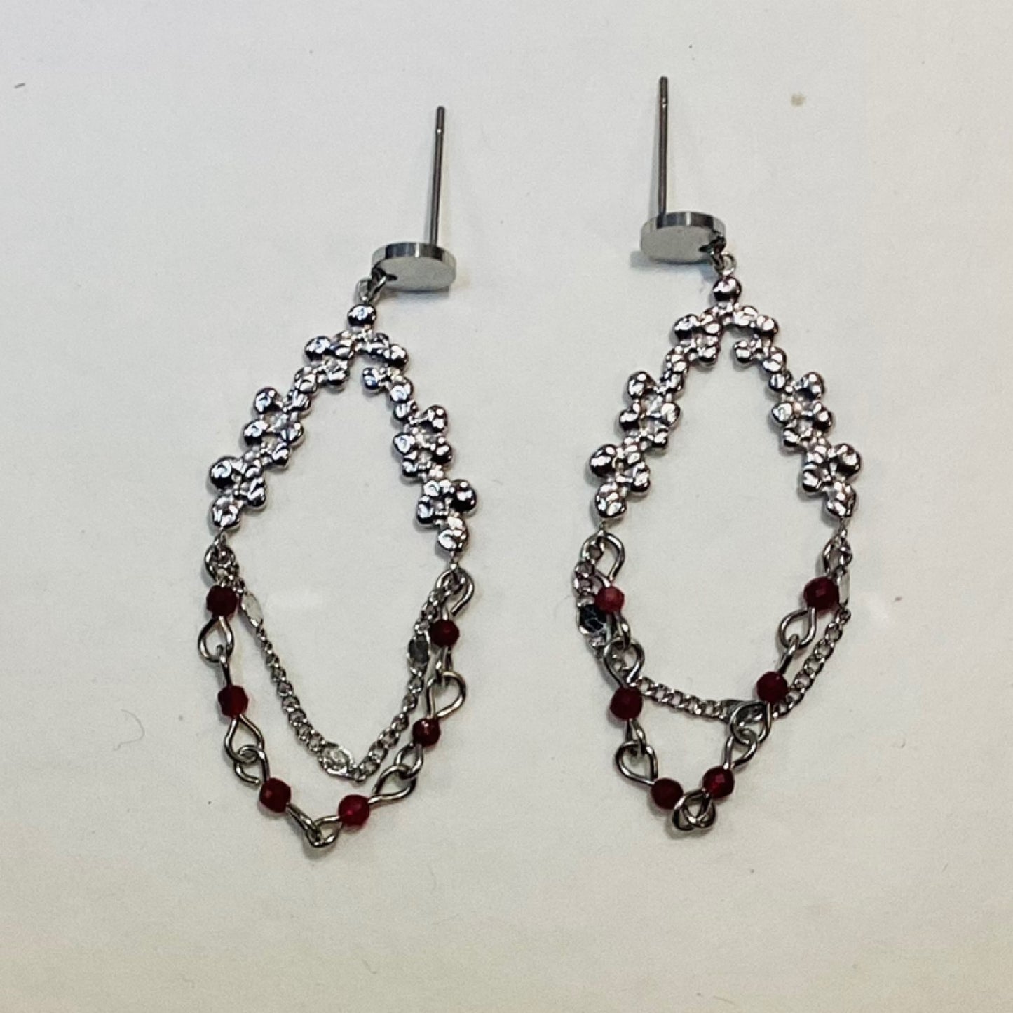 Dangle Silver Chain Earrings With Red Beads