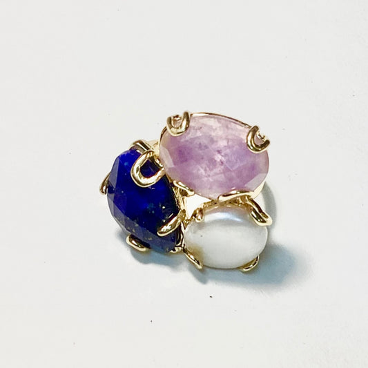 3 Stone Gold Ring, Pearl, Rose and Sodalite