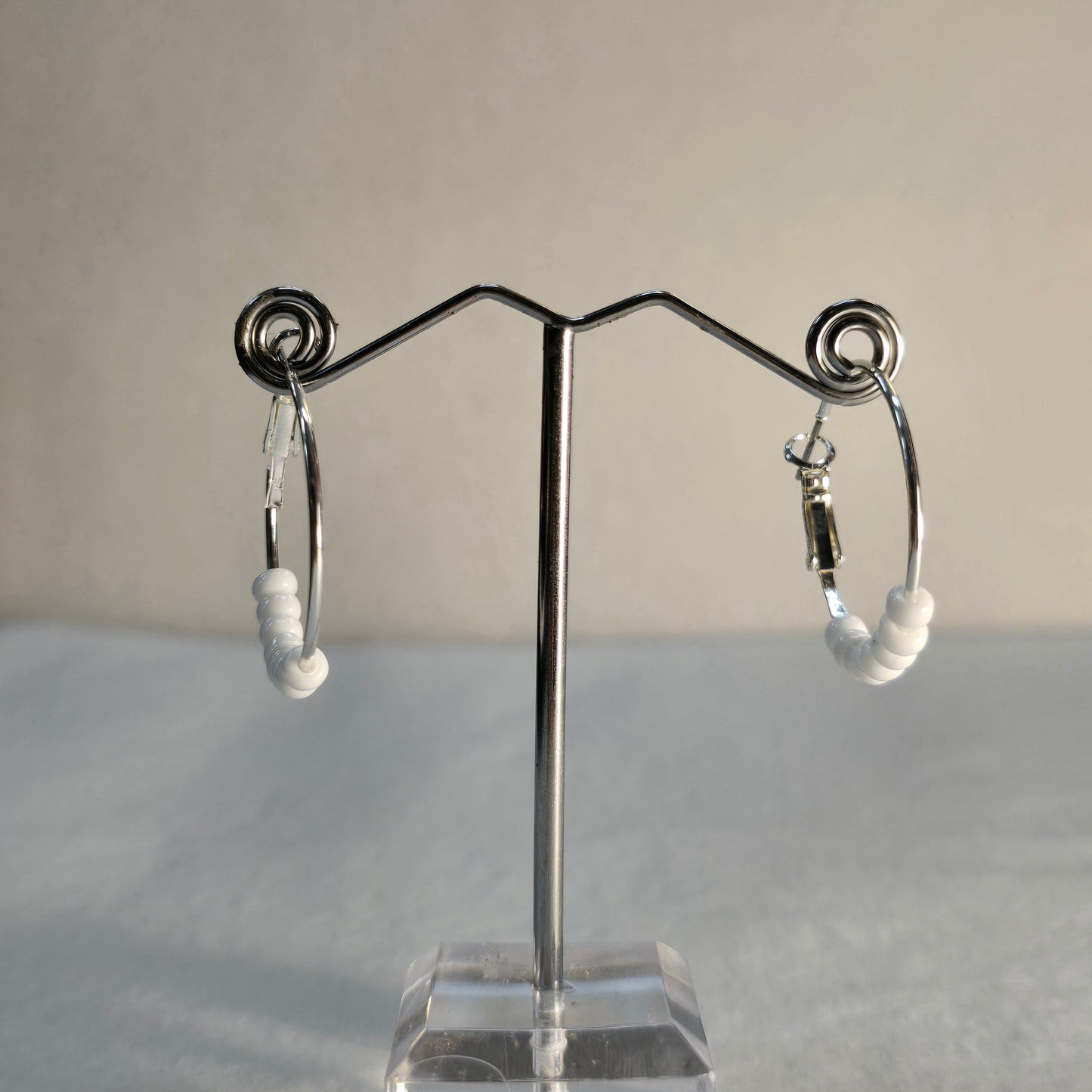 Silver Hoop Earring with White Beads