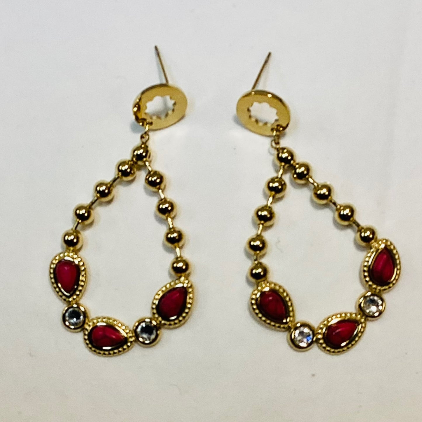 Large Gold Dangle Earrings With Red Stone