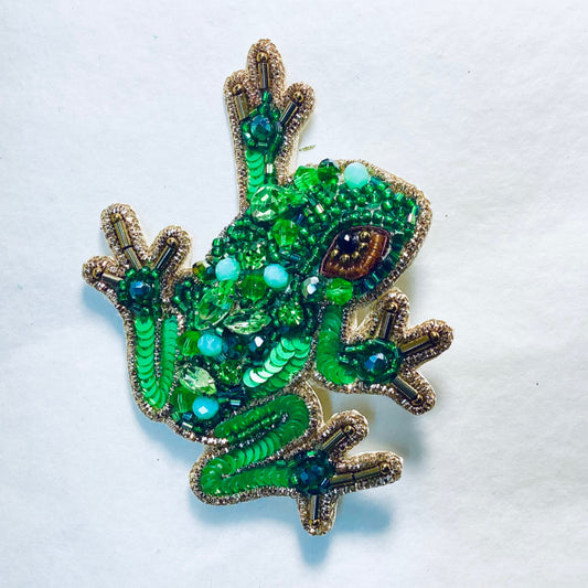 Green Beaded Frog Brooch