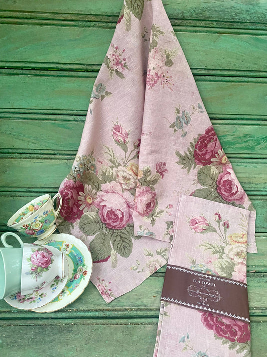 Vintage Floral Tea towels. Pink Rose