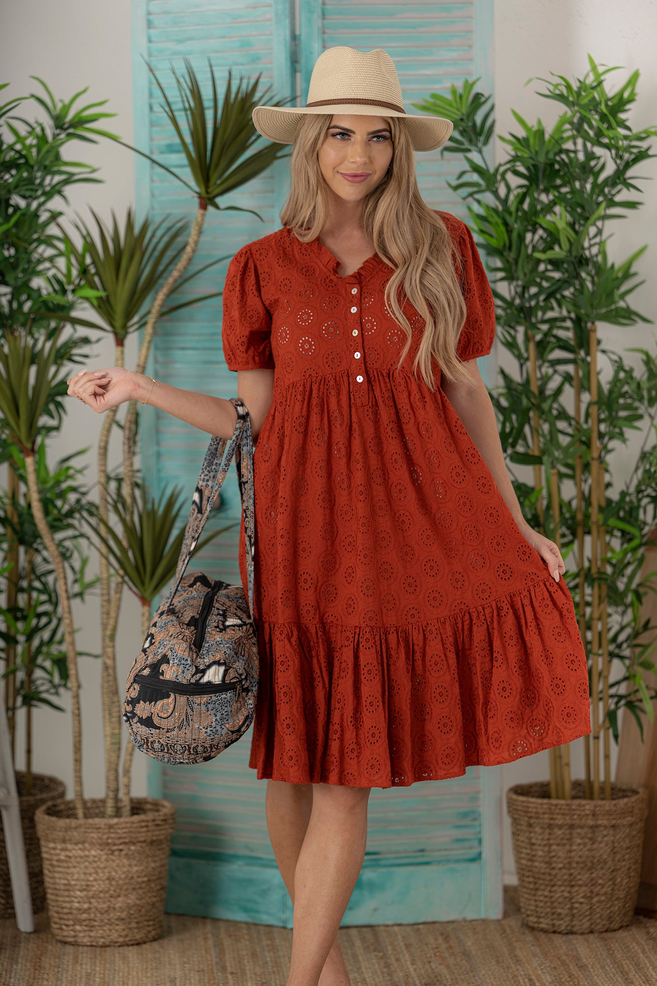 Ava Button Dress - Rust